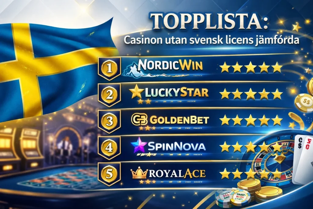 Topplista 2026: Bästa casinon utan svensk licens – NordicWin #1, LuckyStar #2, GoldenBet #3, SpinNova #4, RoyalAce #5 – ranked with stars, Swedish flag background, casino chips and roulette elements